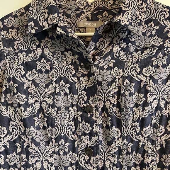 Chicos Blue Tan Cotton Jacket + Pockets Size 1 Medium 8-10 - Picture 2 of 5